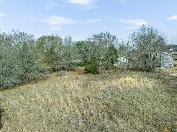 a view of a yard with trees in front of it