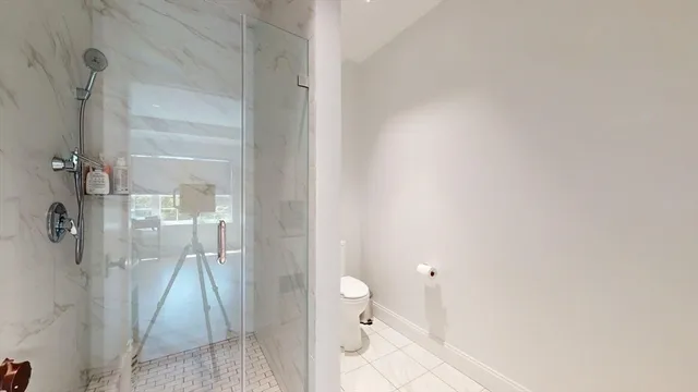 a bathroom with a shower and toilet