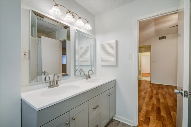 a bathroom with a sink vanity and a mirror