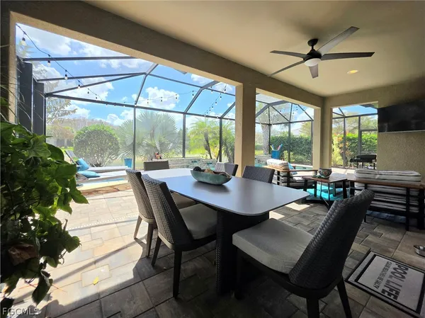a view of a dining room with furniture window and outside view