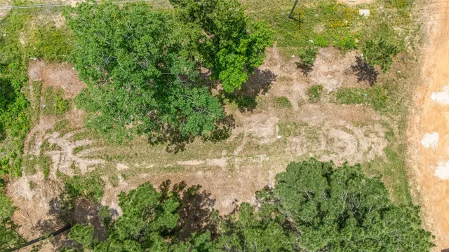 a view of a yard with plants and a brick wall