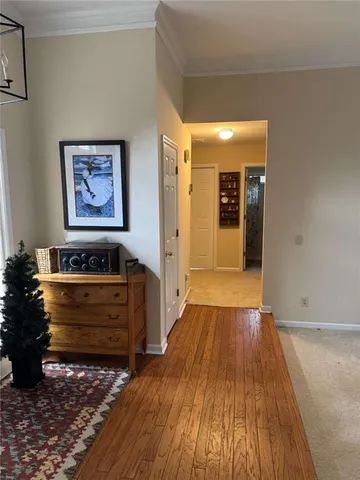 a living room with furniture rug and wooden floor