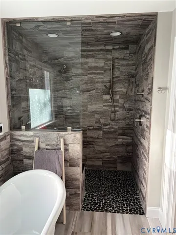 a bathroom with a bathtub
