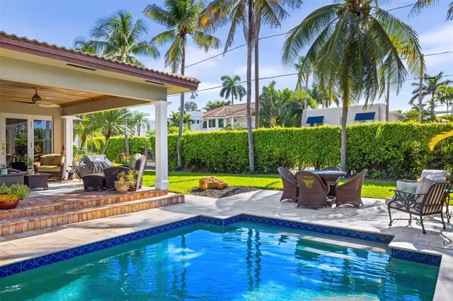 a view of backyard with swimming pool and outdoor seating