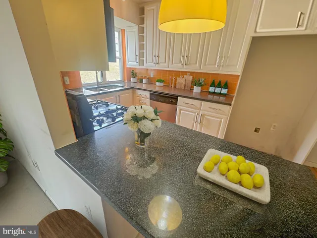 a kitchen with a sink dishwasher and a granite counter top