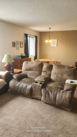 a living room with furniture and a lamp