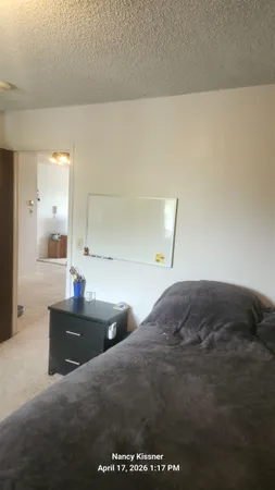 a bedroom with a bed and a desk