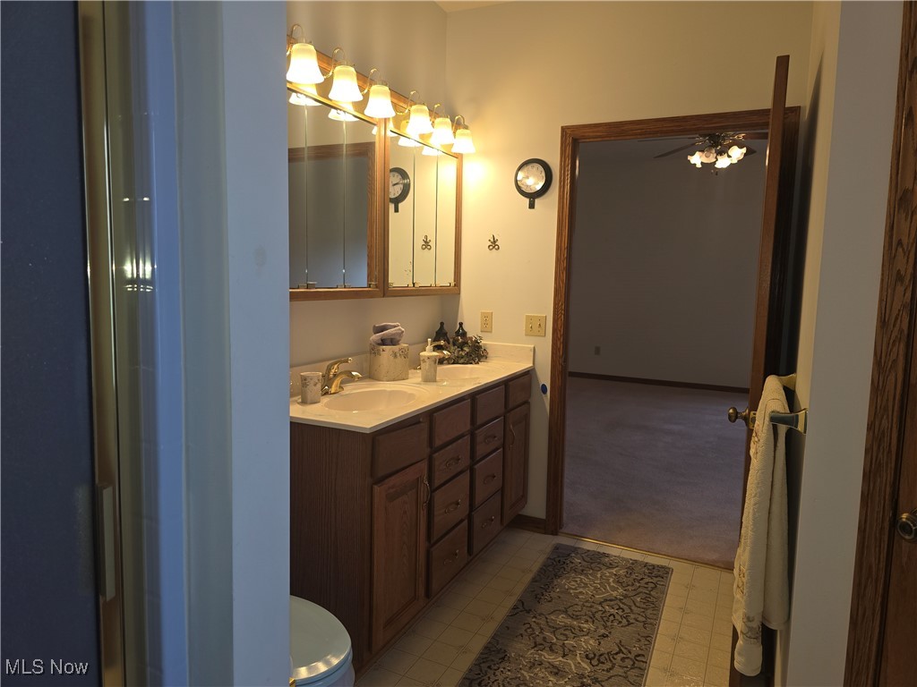 1272 Portage Line Road Akron, OH 44312 - Photo 15 of 38 Full bathroom with double vanity and vinyl flooring. Separate shower stall and linen closet.