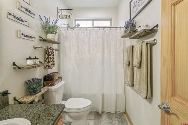 a bathroom with a toilet a sink and shower curtain