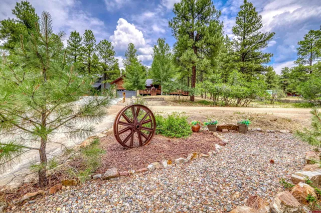 a view of a yard with iron fence
