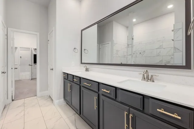 a bathroom with a sink a mirror and a shower