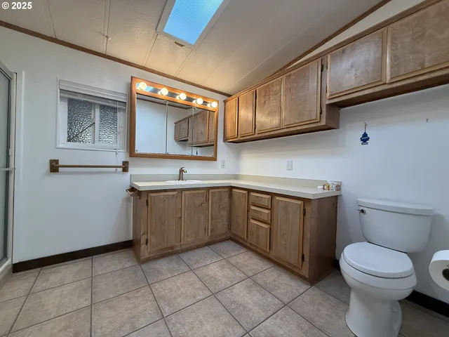 a bathroom with a sink a toilet and mirror