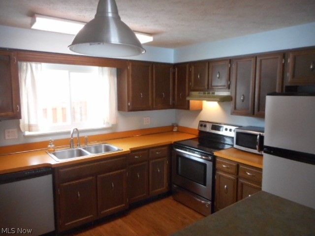 6474 State Road, Unit 6 Parma, OH 44134 - Photo 5 of 18 Kitchen with stainless-steel appliances (dishwasher, flat-top electric range, and refrigerator). Note the window above the double-bowl sink.