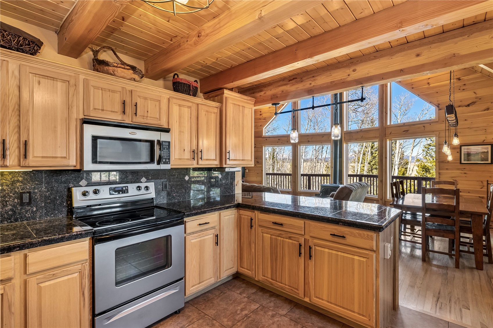 1059 Sheep Ridge Road Fairplay, CO 80440 - Photo 8 of 50 a kitchen with stainless steel appliances granite countertop a stove and a microwave