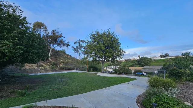 a view of a field of grass and trees