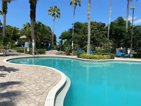 a view of a swimming pool with a yard
