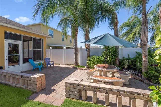front view of a house with a patio