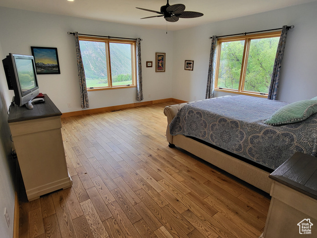 1406 South Bartholomew Cyn Road Springville, UT 84663 - Photo 8 of 19 Bedroom with light wood finished floors, multiple windows, and ceiling fan
