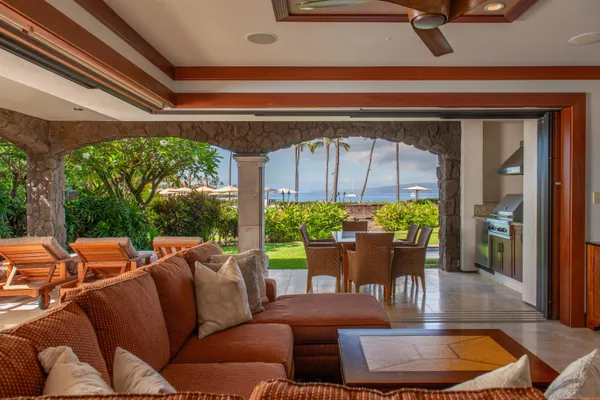 a outdoor living space with furniture and garden view