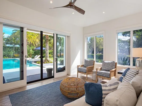 a living room with furniture and a floor to ceiling window