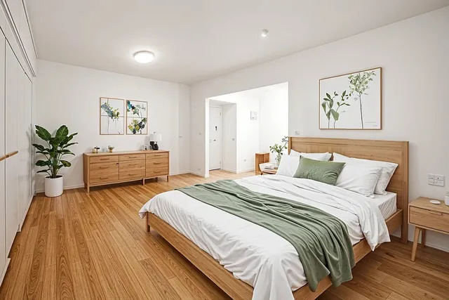 a spacious bedroom with a bed and a couch