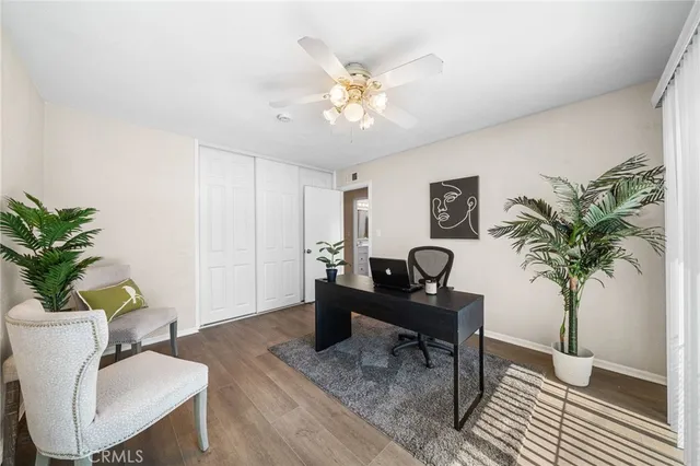 a living room with furniture a potted plant and a wooden floor