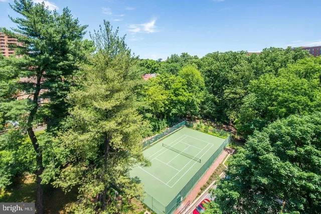 an aerial view of a residential houses with outdoor space and trees all around