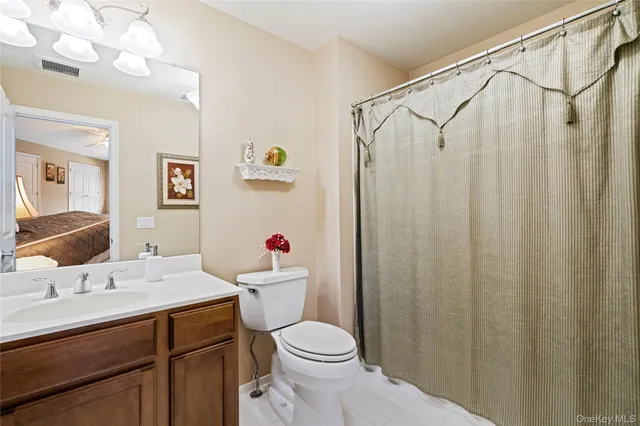 a bathroom with a sink a toilet and shower curtain