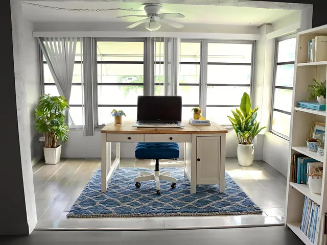 a living room with furniture and a potted plant
