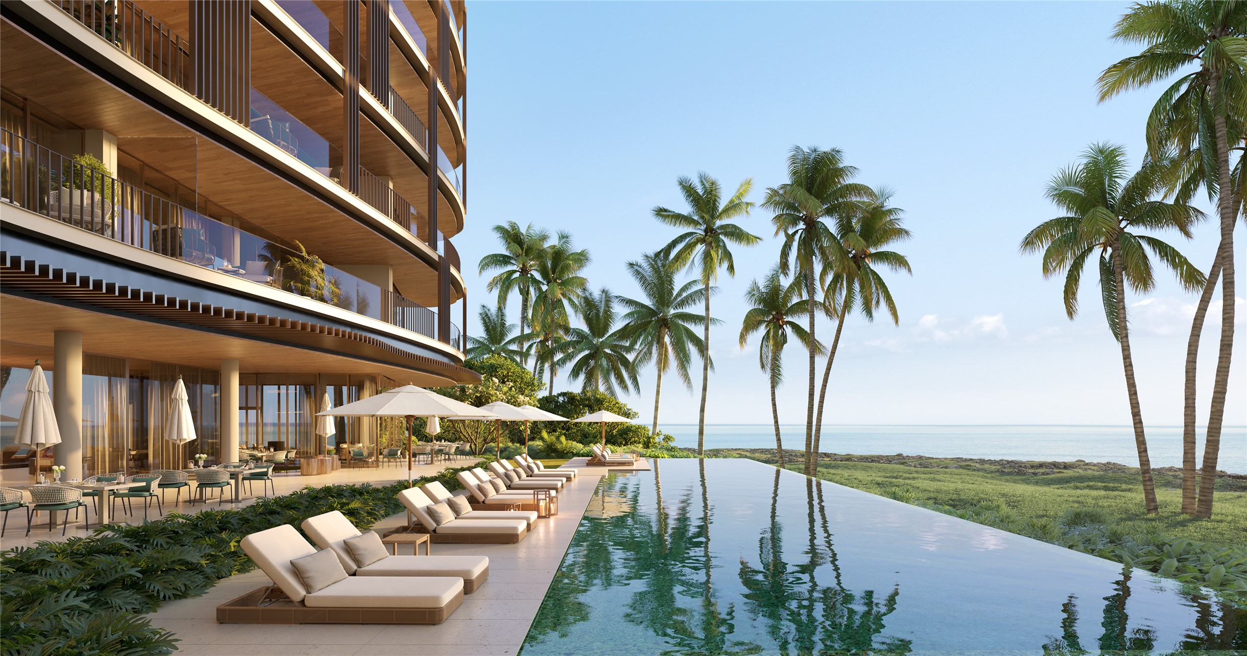 469 A Beach, Unit 701 undefined, undefined ky1-1 - Photo 8 of 17 Ocean House Club, reserved for owners at Mandarin Oriental Residences, Grand Cayman, featuring a grand social lounge, lush landscaping, and private infinity pool overlooking the Caribbean Sea.