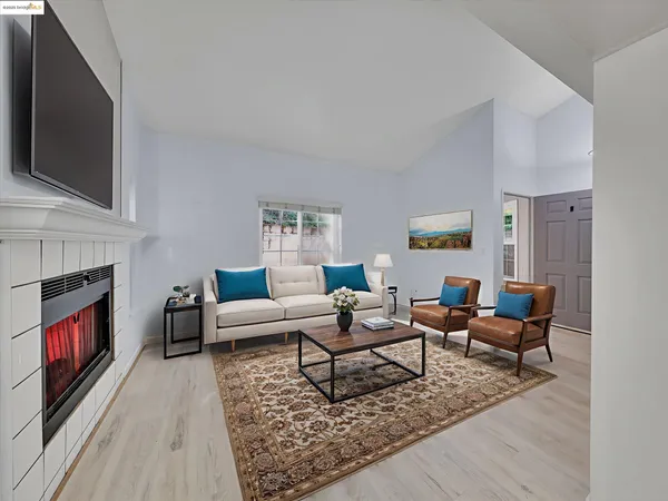 a living room with furniture a flat screen tv and a fireplace