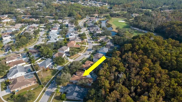 an aerial view of residential houses with outdoor space and swimming pool