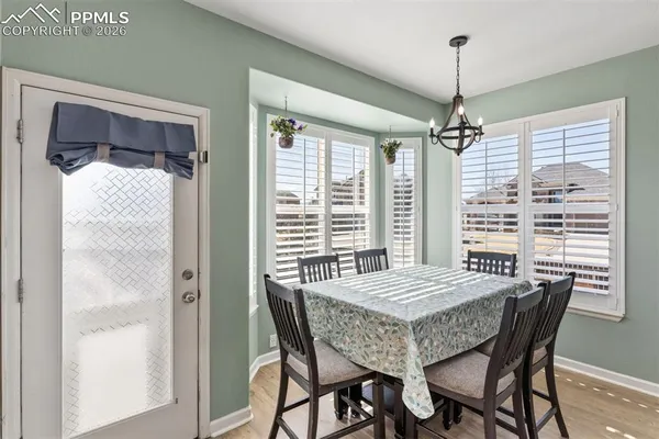 a view of a dining room with furniture window and wooden floor