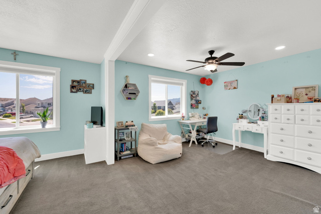 1857 Thunder Gulch Road Eagle Mountain, UT 84005 - Photo 26 of 50 Spacious room featuring carpeting, two large windows with white trim, a ceiling fan, and recessed lighting
