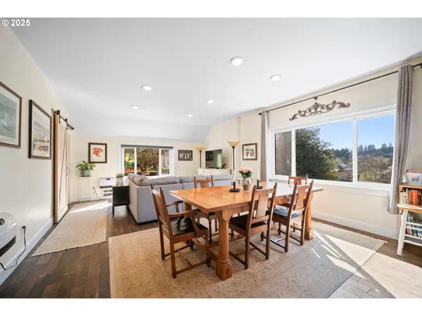 a view of a dining room with furniture and wooden floor