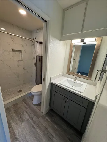 a bathroom with a double vanity sink toilet and shower