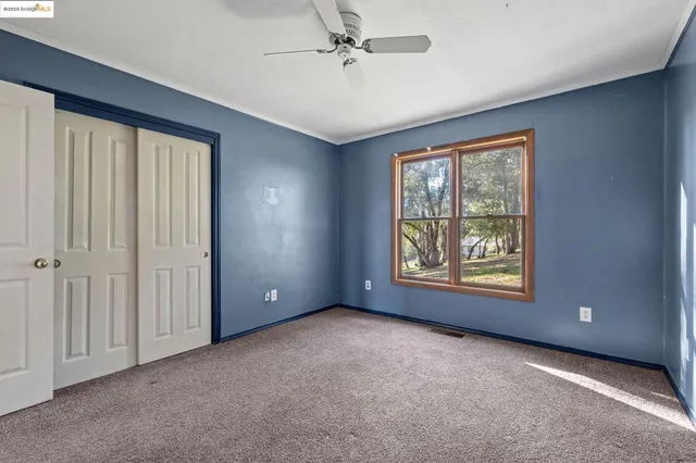 a view of an empty room with windows and closet
