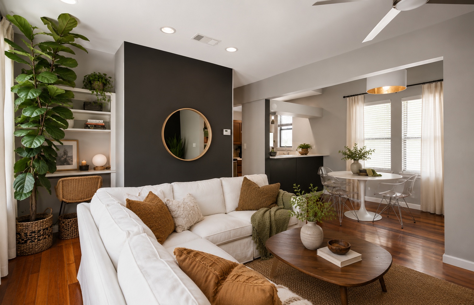 611 East 45th Street, Unit 25 Austin, TX 78751 - Photo 12 of 21 Open-concept living area with hardwood flooring, recessed lighting, and built-in shelving