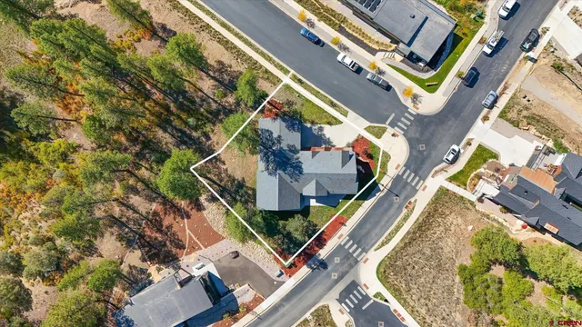 aerial view of a house with a garden