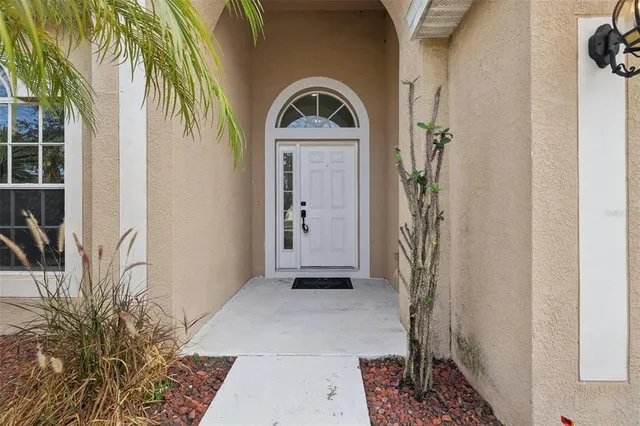 a view of a hallway with wooden floor and a potted plant