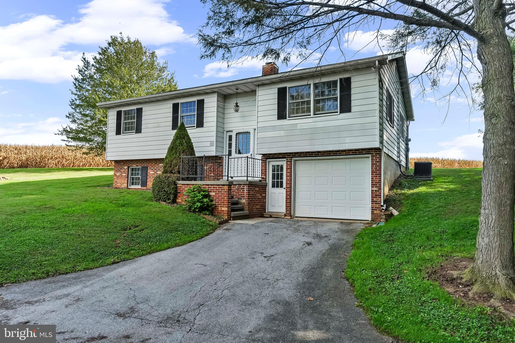 a front view of house with yard and green space
