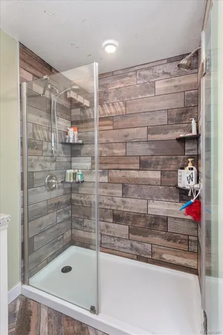 a bathroom with a shower and a sink