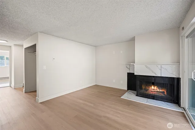 a room with a fireplace