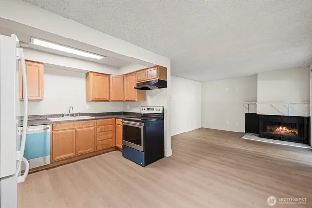 a kitchen with granite countertop a stove top oven a sink dishwasher and a fireplace with wooden floor