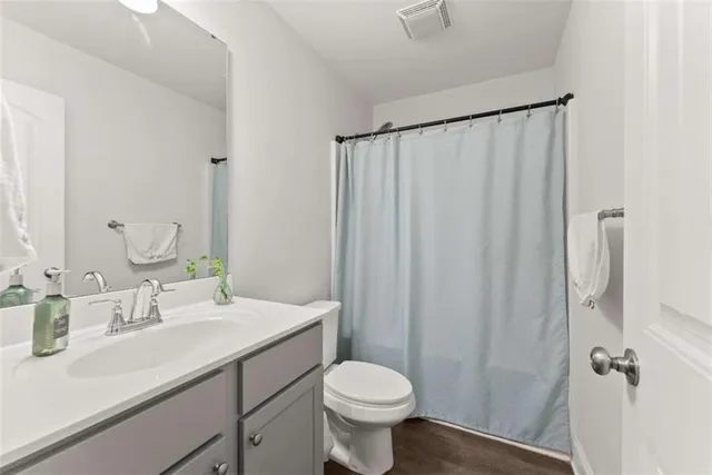 a bathroom with a sink a toilet and shower curtain