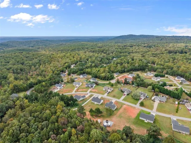 an aerial view of residential houses with outdoor space and trees