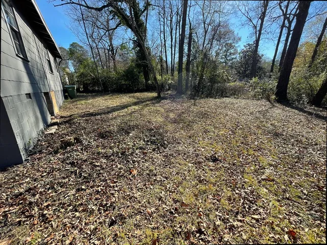 a view of a backyard with large trees