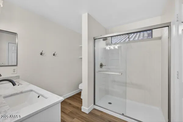 a bathroom with a shower and a sink