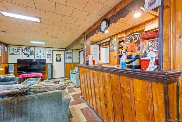 a living room with furniture a rug and a window