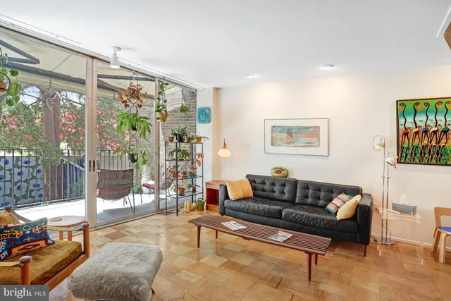 a living room with furniture and a potted plant